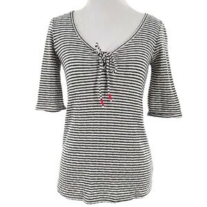 lucky brand womens top size XS black white stripes 3/4 sleeves v-neck